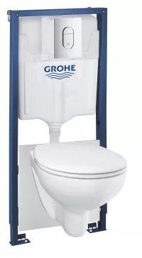 Pachet WC suspendat Grohe Bau Ceramic, cadru, WC Grohe, Rimless, SoftClose, clapeta crom, alb, 36500000