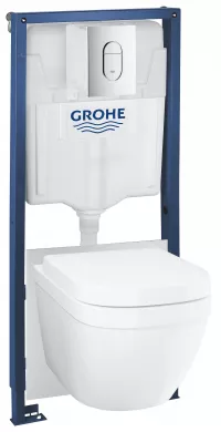 Pachet WC suspendat Grohe Euro Ceramic, cadru, WC Grohe, Rimless, SoftClose, clapeta crom, alb, 36501000