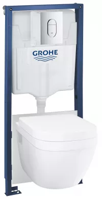 Pachet WC suspendat Grohe Euro Ceramic, cadru, WC Grohe, Rimless, clapeta crom, alb, 36503000