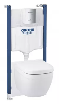 Set 3in1 WC suspendat Grohe Euro Ceramic, cadru, WC Grohe, Rimless, SoftClose, clapeta crom, 39891000
