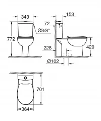 Set vas WC Bau Ceramic, pe podea, rimless, evacuare verticala, alimentare laterala, SoftClose, alb, 39346000