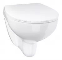 Set vas WC Grohe Bau Ceramic 39899000, suspendat, evacuare orizontala, rimless, capac soft close, ceramica sanitara, alb