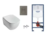 Set WC Ideal Standard Tesi, suspendat, cadru/clapeta Grohe, Rimless, SoftClose, mat, alb/grafit, T354601-1ST