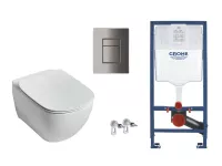 Set WC Ideal Standard Tesi, suspendat, cadru/clapeta Grohe, Rimless, SoftClose, lucios, alb/grafit, T354601-2ST