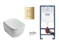 Set WC Ideal Standard Tesi, suspendat, cadru/clapeta Grohe, Rimless, SoftClose, lucios, alb/auriu, T354601-5ST