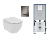Set WC Ideal Standard Tesi, suspendat, cadru/clapeta Grohe, Rimless, SoftClose, mat, alb/grafit, T536001-2ST