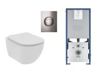 Set WC Ideal Standard Tesi, suspendat, cadru/clapeta Grohe, Rimless, SoftClose, lucios, alb/grafit, T536001-3ST