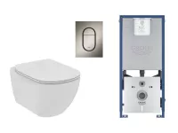 Set WC Ideal Standard Tesi, suspendat, cadru/clapeta Grohe, Rimless, SoftClose, mat, alb/grafit, T536001-4ST