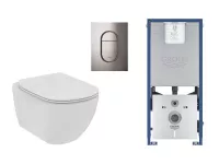 Set WC Ideal Standard Tesi, suspendat, cadru/clapeta Grohe, Rimless, SoftClose, lucios, alb/grafit, T536001-6ST