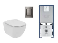 Set WC Ideal Standard Tesi, suspendat, cadru/clapeta Grohe, Rimless, SoftClose, lucios, alb/grafit, T536001-7ST