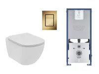 Set WC Ideal Standard Tesi, suspendat, cadru/clapeta Grohe, Rimless, SoftClose, mat, alb/auriu, T536001-9ST
