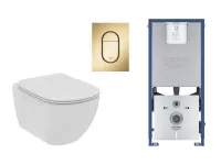 Set WC Ideal Standard Tesi, suspendat, cadru/clapeta Grohe, Rimless, SoftClose, mat, alb/auriu, T536001-10ST