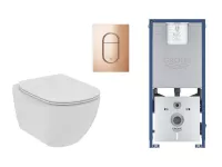 Set WC Ideal Standard Tesi, suspendat, cadru/clapeta Grohe, Rimless, SoftClose, lucios, alb/cupru, T536001-14ST