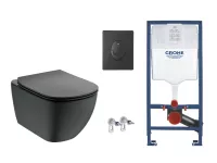Set WC Ideal Standard Tesi, suspendat, cadru/clapeta Grohe, Rimless, SoftClose, mat, negru, T3546V3-2ST