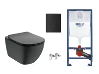 Set WC Ideal Standard Tesi, suspendat, cadru/clapeta Grohe, Rimless, SoftClose, mat, negru, T3546V3-3ST