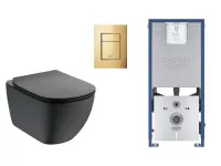 Set WC Ideal Standard Tesi, suspendat, cadru/clapeta Grohe, Rimless, SoftClose, lucios, negru/auriu, T3546V3-4ST