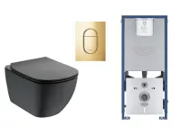 Set WC Ideal Standard Tesi, suspendat, cadru/clapeta Grohe, Rimless, SoftClose, lucios, negru/auriu, T3546V3-5ST