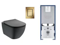 Set WC Ideal Standard Tesi, suspendat, cadru/clapeta Grohe, Rimless, SoftClose, mat, negru/auriu, T3546V3-6ST