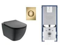 Set WC Ideal Standard Tesi, suspendat, cadru/clapeta Grohe, Rimless, SoftClose, mat, negru/auriu, T3546V3-8ST