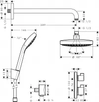 Sistem de dus Hansgrohe Croma Select S 27295000, incastrat, termostat, 187 mm, 2 functii, anti-oparire, anti-calcar, limitator, crom