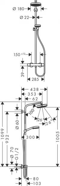 Sistem de dus Hansgrohe Crometta 160 27264400, 1/2'', aparent, termostat, 160 mm, 4 pulverizari, anti-oparire, crom