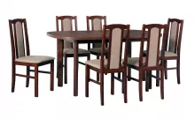 SET MASĂ EXTENSIBILĂ WENUS 1 blat oval laminat,nuc, cadru si picioare din lemn de fag,160x200cm, cu 4 scaune BOSS 7, tapitate