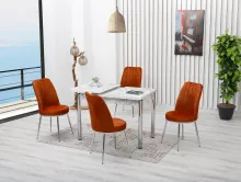 Set masă SOFIA extensibilă, alb marmorat cu 4 scaune cărămiziu