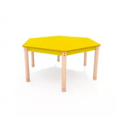 Masa hexagonala color galben din PAL si lemn masiv