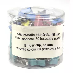 Clip hartie 15mm 60 buc, culori asortate/cutie plastic