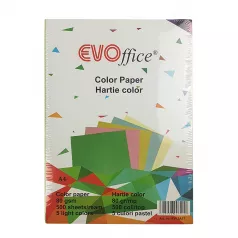 Hartie culori pastel A4, 80 g/mp, 500 coli/top Evoffice - 5 culori asortate