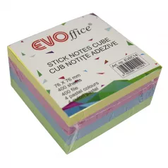 Notes autoadeziv cub color 76*76 mm, 400 file, 4 culori pastel EVOffice