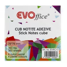 Notes autoadeziv cub color 76*76 mm, 360 file, 4 culori pastel EVOffice