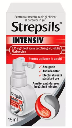 Strepsils Intensiv cirese si menta, spray bucofaringian, soluție, 8,75 mg/doză, 15 ml, Reckitt Benckiser Healthcare