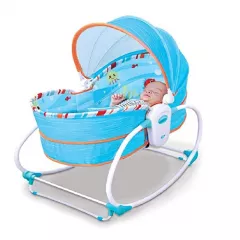 Balansoar pentru bebe, leagan 5in1, multifunctional, carusel muzical inclus, vibratii, plasa de tantari, spatar reglabil, albastru