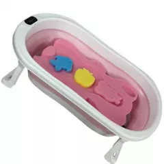 Cadita de baie pliabila, cu pernuta si bureti, termometru, pliere rapida, usor de utilizat, picioare antiderapante, varsta 0-3 ani, 25l, roz, buz