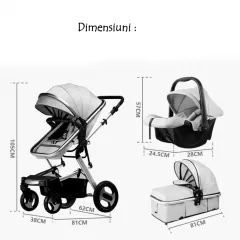 Carucior premium 3in1, 4 anotimpuri, cos de dormit, scaun auto, cadru pentru dormit nou nascut, negru