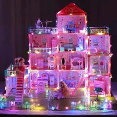 Casute de papusi - Casa de papusi cu mobilier si jucarii, iluminat cu LED DIY, 80x72x69 cm, buz, buz.ro