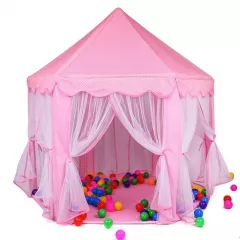 Cort roz, pentru joaca, pentru copii, hexagonal, 135 cm, cu 30 bile, buz