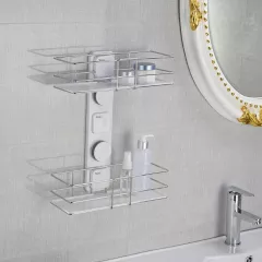 Etajera dubla pentru baie, pentru organizare si depozitare, din ABS sistem prindere de perete, 38.5x30 cm