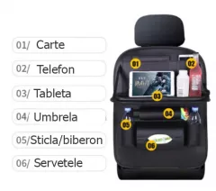 Husa auto organizator pentru scaun masina, cu tavita si buzunare, universal, din piele ecologica, negru, buz