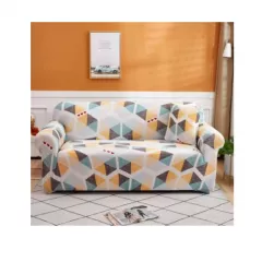 Husa elastica universala pentru canapea si pat, cu 2 fete de perna, crem cu figuri geometrice, 200 x 140 cm