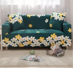 Husa elastica universala pentru canapea si pat, cu 2 fete de perna, verde cu imprimeu flori , 190 x 230cm