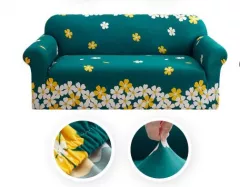 Husa elastica universala pentru canapea si pat, cu 2 fete de perna, verde cu imprimeu flori , 190 x 230cm