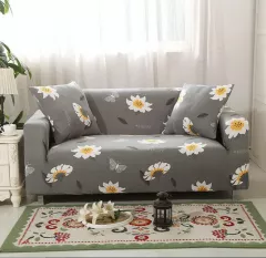 Husa elastica universala pentru canapea si pat, cu doua fete de perna, gri cu flori margarete, 90 x 140 cm