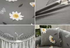 Husa elastica universala pentru canapea si pat, cu doua fete de perna, gri cu flori margarete, 90 x 140 cm