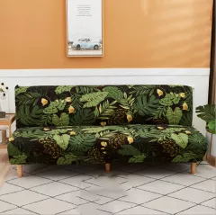 Husa elastica universala pentru canapea si pat, negru cu frunze verzi, jungla, 190 x 210 cm