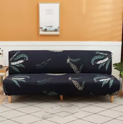 Husa elastica universala pentru canapea si pat, negru frunze verzi 190 x 210 cm