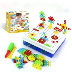Jucarii 3+ - Joc educativ de constructie, Montessori, puzzle mozaic, cu suruburi, saibe, surubelnita electrica, 234 piese, buz.ro