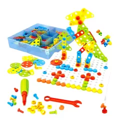 Jucarii 3+ - Joc educativ si creativ de constructie Montessori, puzzle mozaic, cu suruburi, saibe, surubelnita electrica, albastru, buz.ro