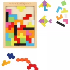 Jucarii 3+ - Joc tetris, wooden puzzle, cu 40 piese din lemn, 3D, educativ, pentru motricitate si dexteritate, 27cm x 18cm  buz, buz.ro
